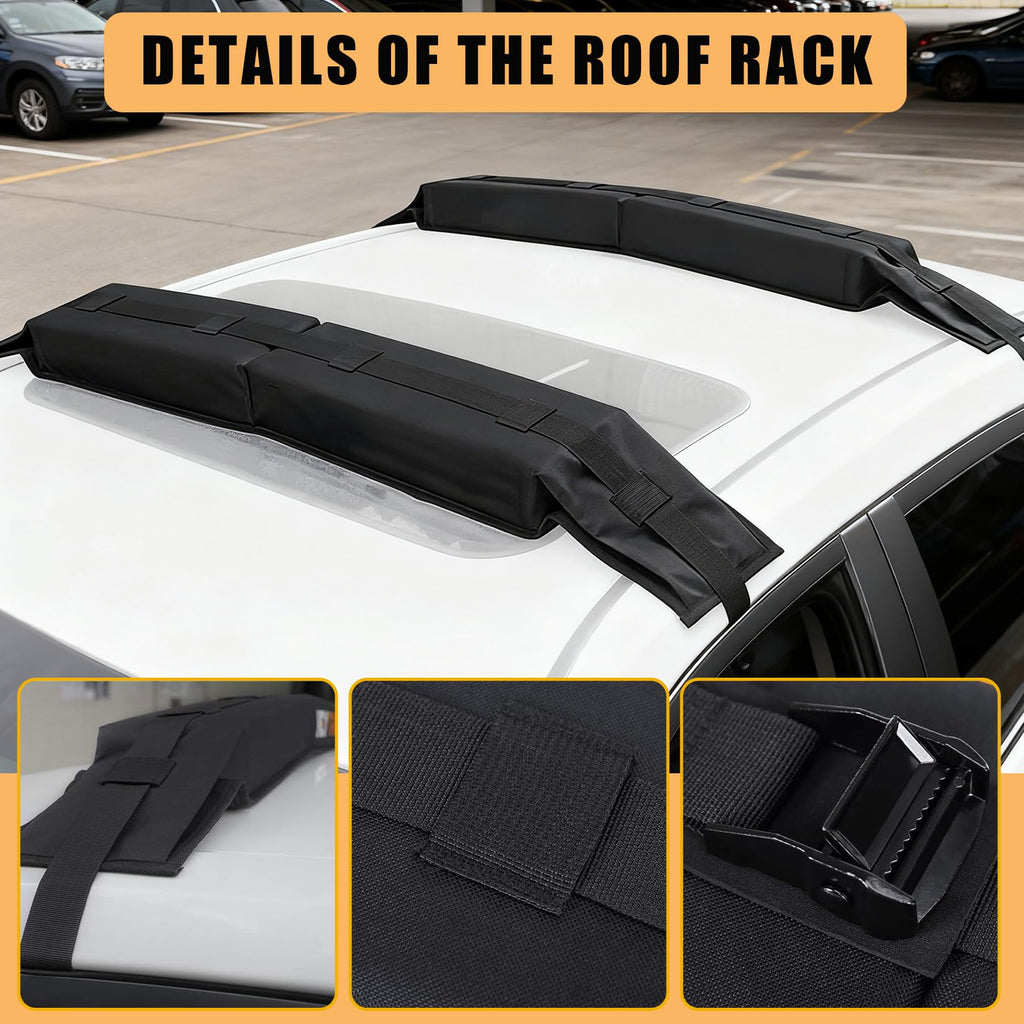 Garvee Soft Roof Rack Pads with Tie Down Straps for Surfboard Kayak Canoe Universal Car Roof Racks System Heavy Duty Black