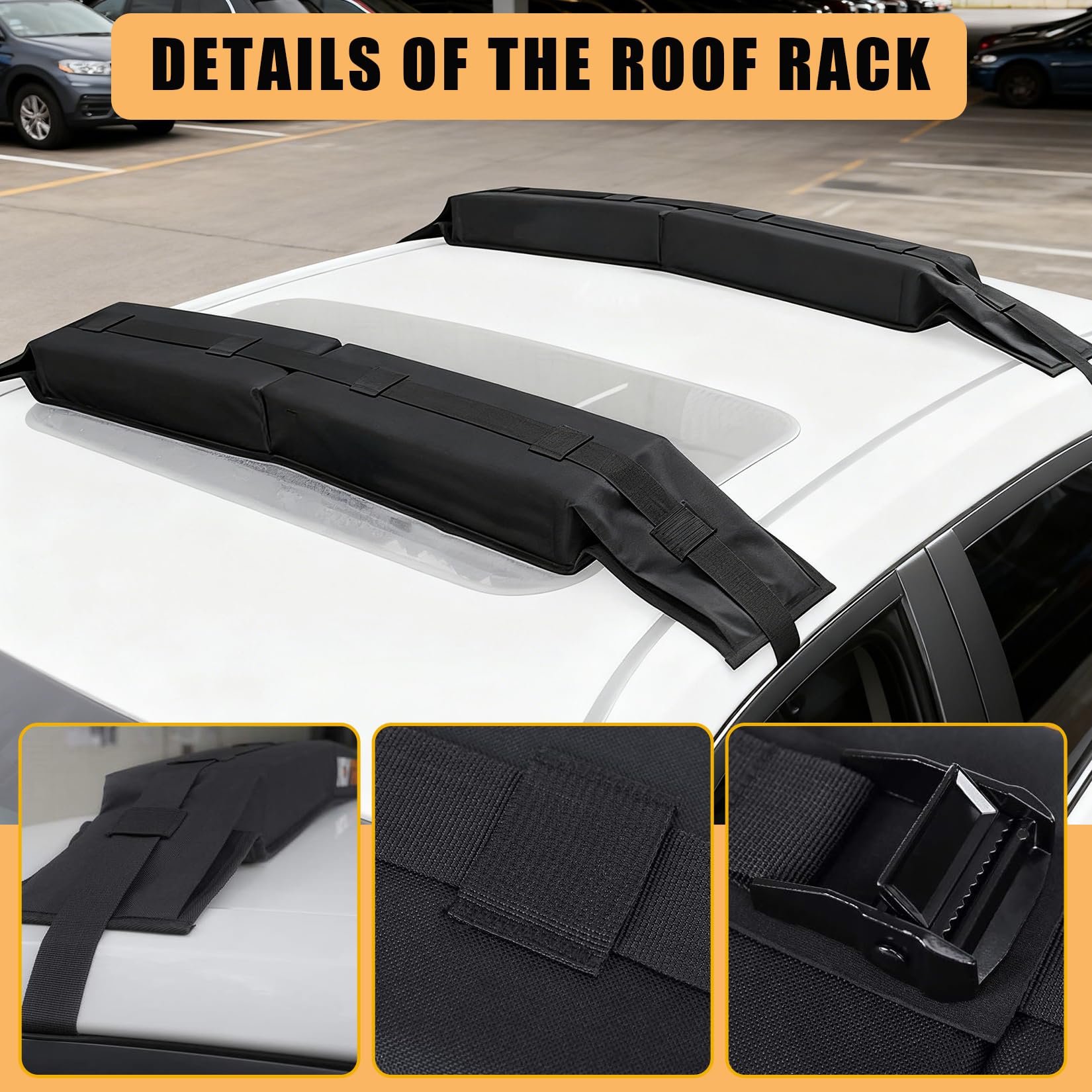Garvee Soft Roof Rack Pads with Tie Down Straps for Surfboard Kayak Canoe Universal Car Roof Racks System Heavy Duty Black