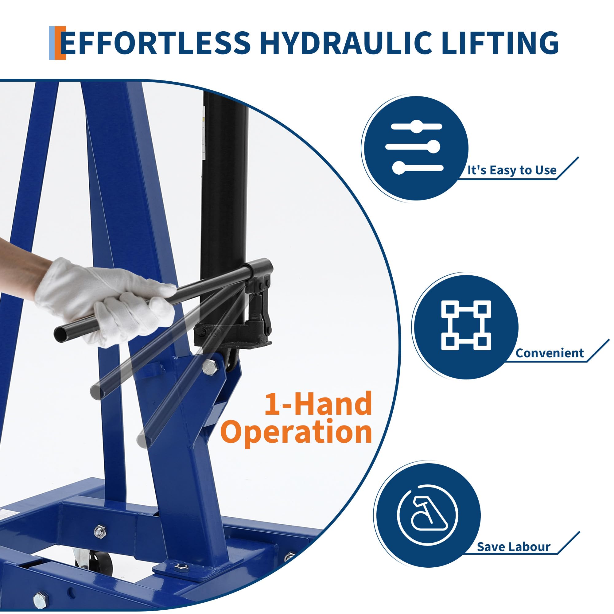 Garvee Engine Hoist Cherry Picker 2 Ton Folding Hydraulic Shop Crane with Telescopic Boom for Workshops Garage Blue