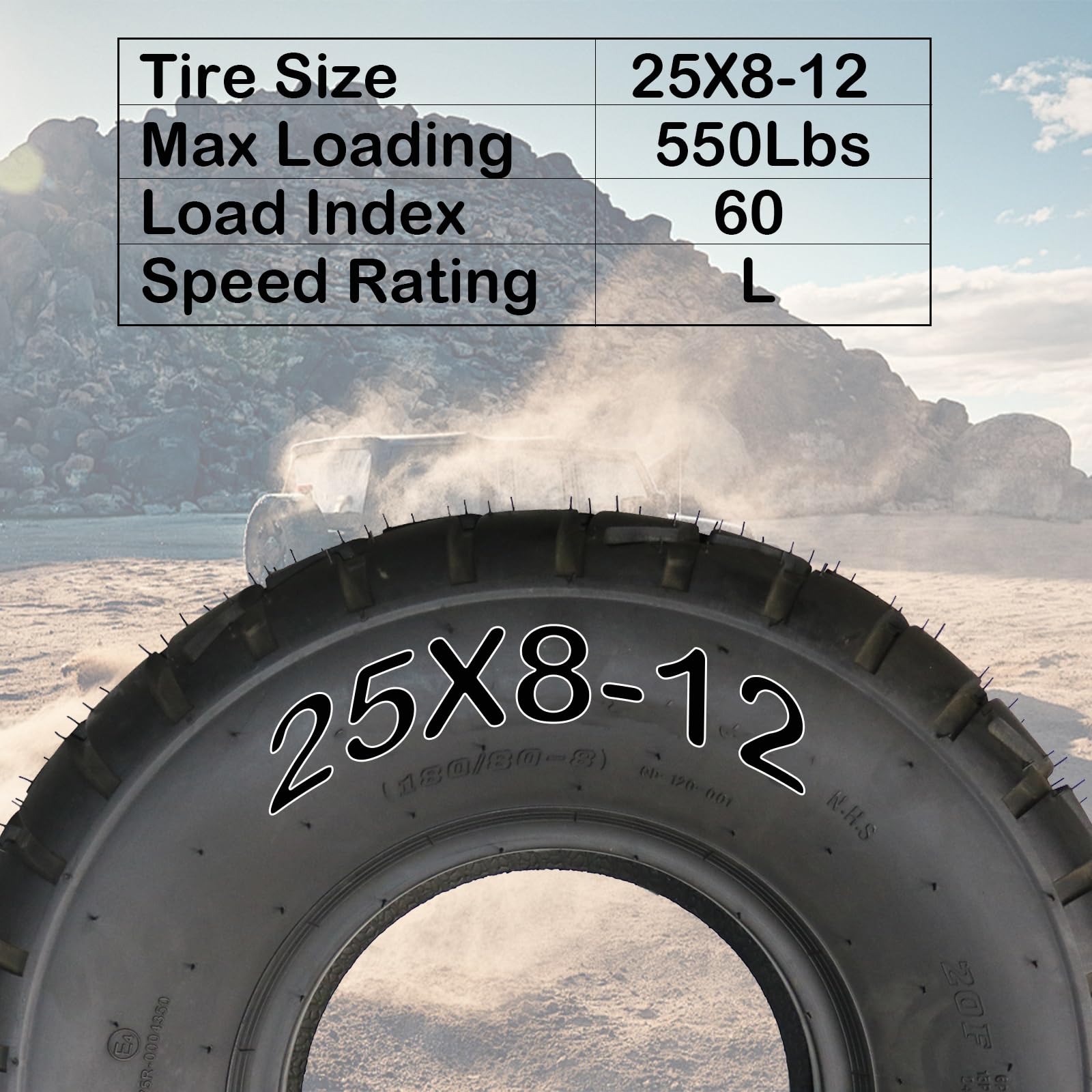 Garvee 2 Pack 25X8-12 ATV Tires 6 PR All-Terrain Tubeless Off-Road Trail Sand Mud Tires Black
