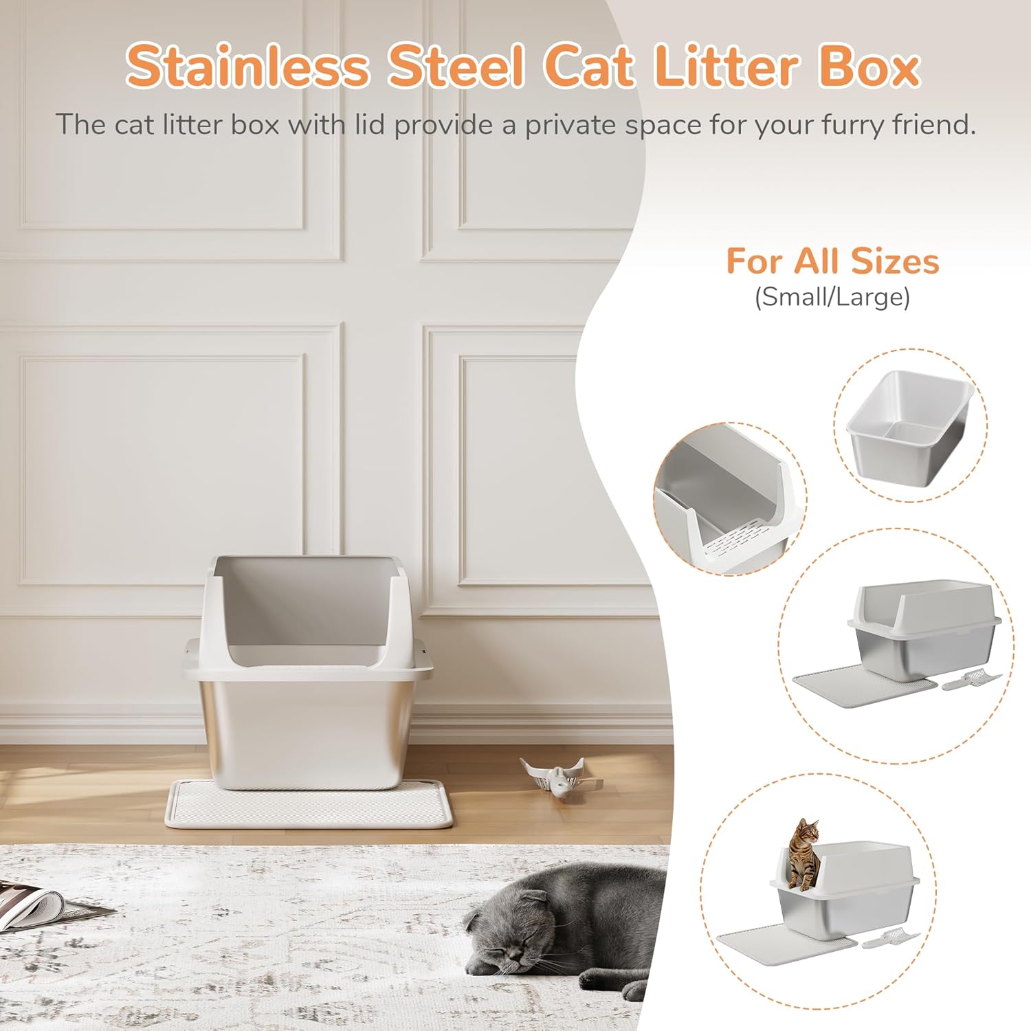 Garvee Stainless Steel Litter Box, Large Open Cat Litter Box for Big Cats, Metal Cat Box with High Sided Enclosure & Scoop Litter Mat, Odor Free, Anti-Leakage, 12"H