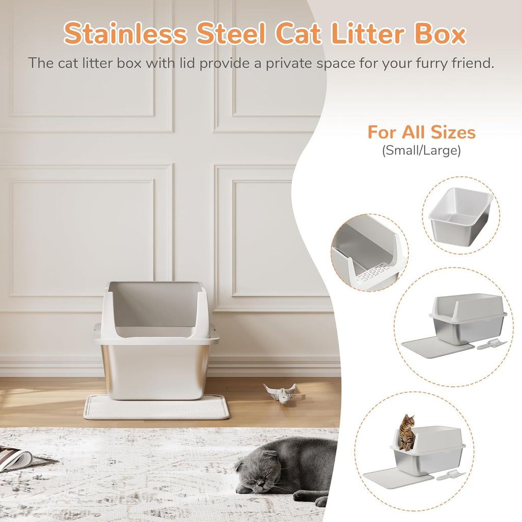 Garvee Extra Large Stainless Steel Litter Box, XLarge Open Cat Litter Box with High Sided Enclosure & Scoop & Litter Mat, Odor Free, Anti-Leakage, Metal Cat Box for Big Cats, 14"H