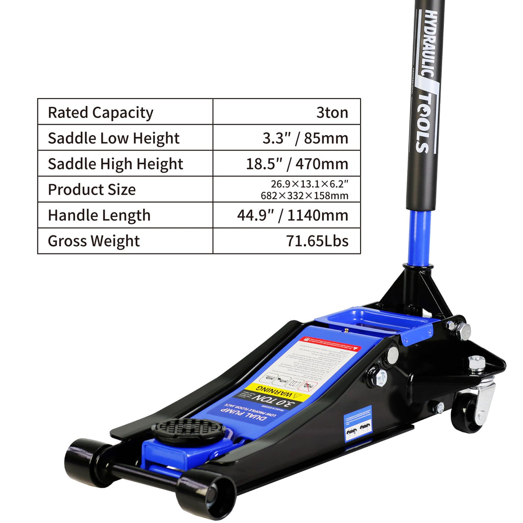 Garvee 3 Ton Hydraulic Floor Jack with Dual Pump for Auto Repair 6600 Lbs Capacity Blue-Black, 3.3"-18.5" Lifting Range