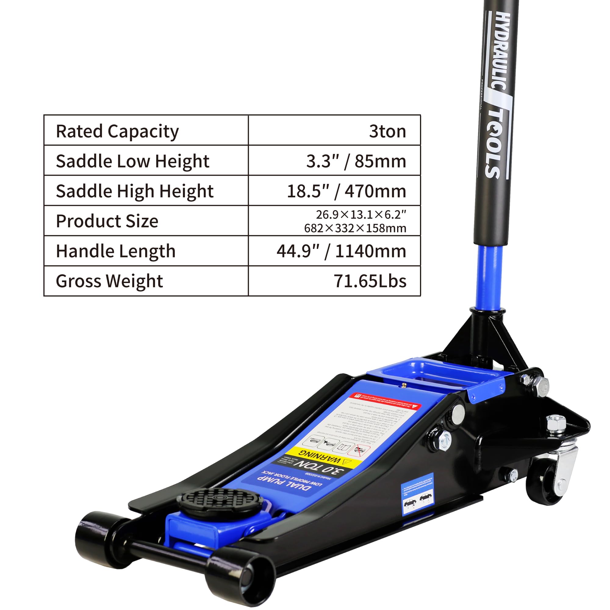 Garvee 3 Ton Hydraulic Floor Jack with Dual Pump for Auto Repair 6600 Lbs Capacity Blue-Black, 3.3"-18.5" Lifting Range
