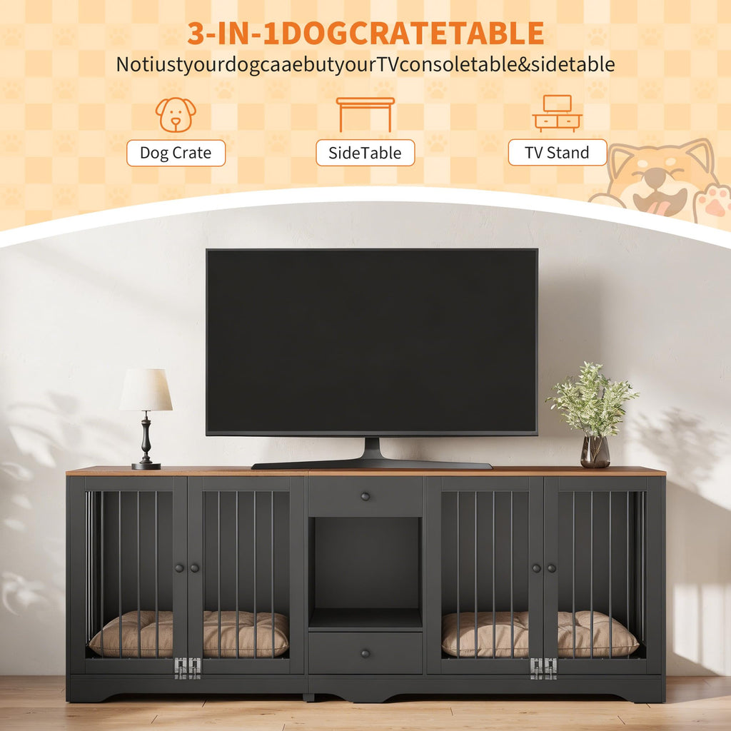 Garvee Dog Crate Furniture 83'' Indoor Dog Kennel with 4 Lockable Doors and 2 Drawers for Medium and Large Dogs, Black, Multi-Functional