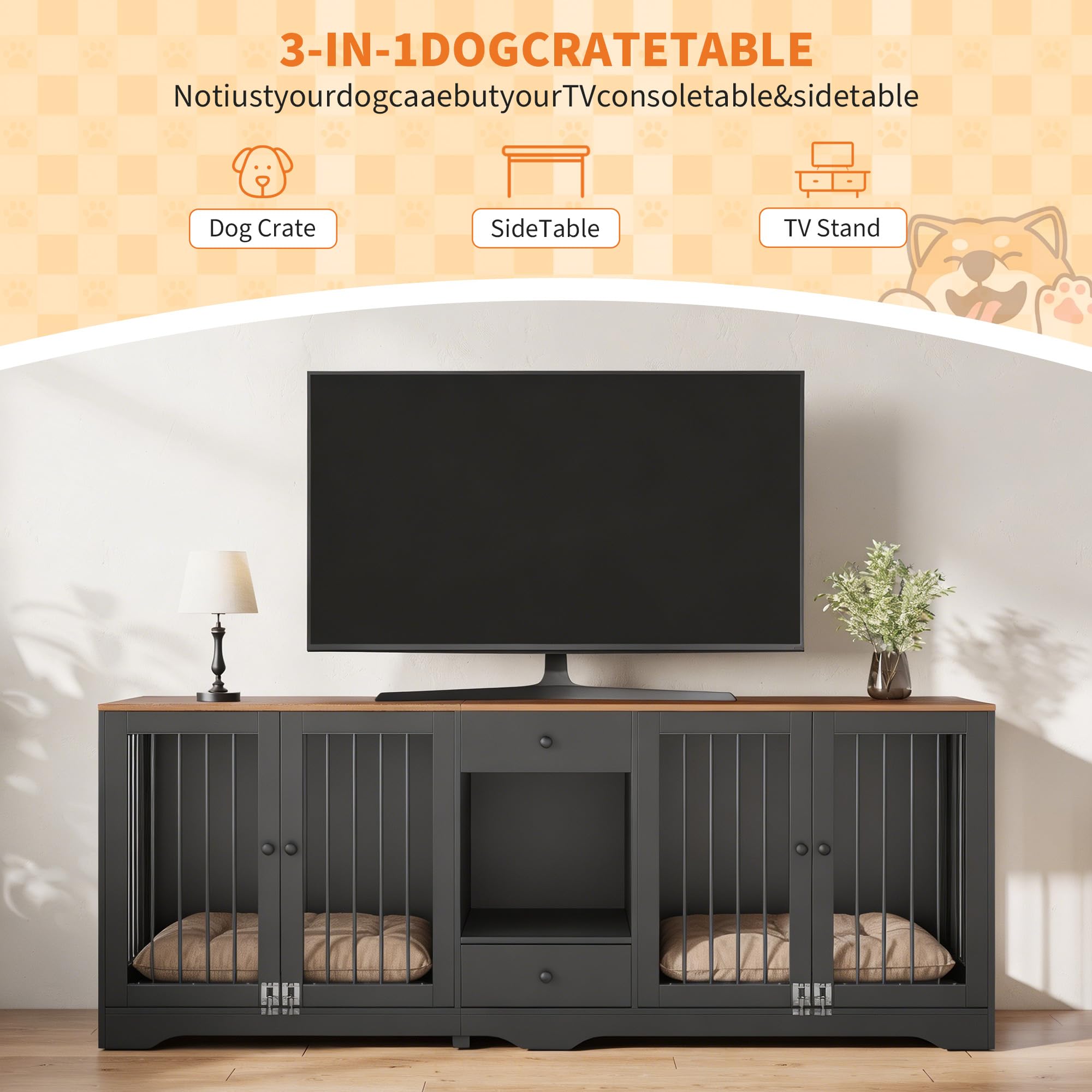 Garvee Dog Crate Furniture 83'' Indoor Dog Kennel with 4 Lockable Doors and 2 Drawers for Medium and Large Dogs, Black, Multi-Functional