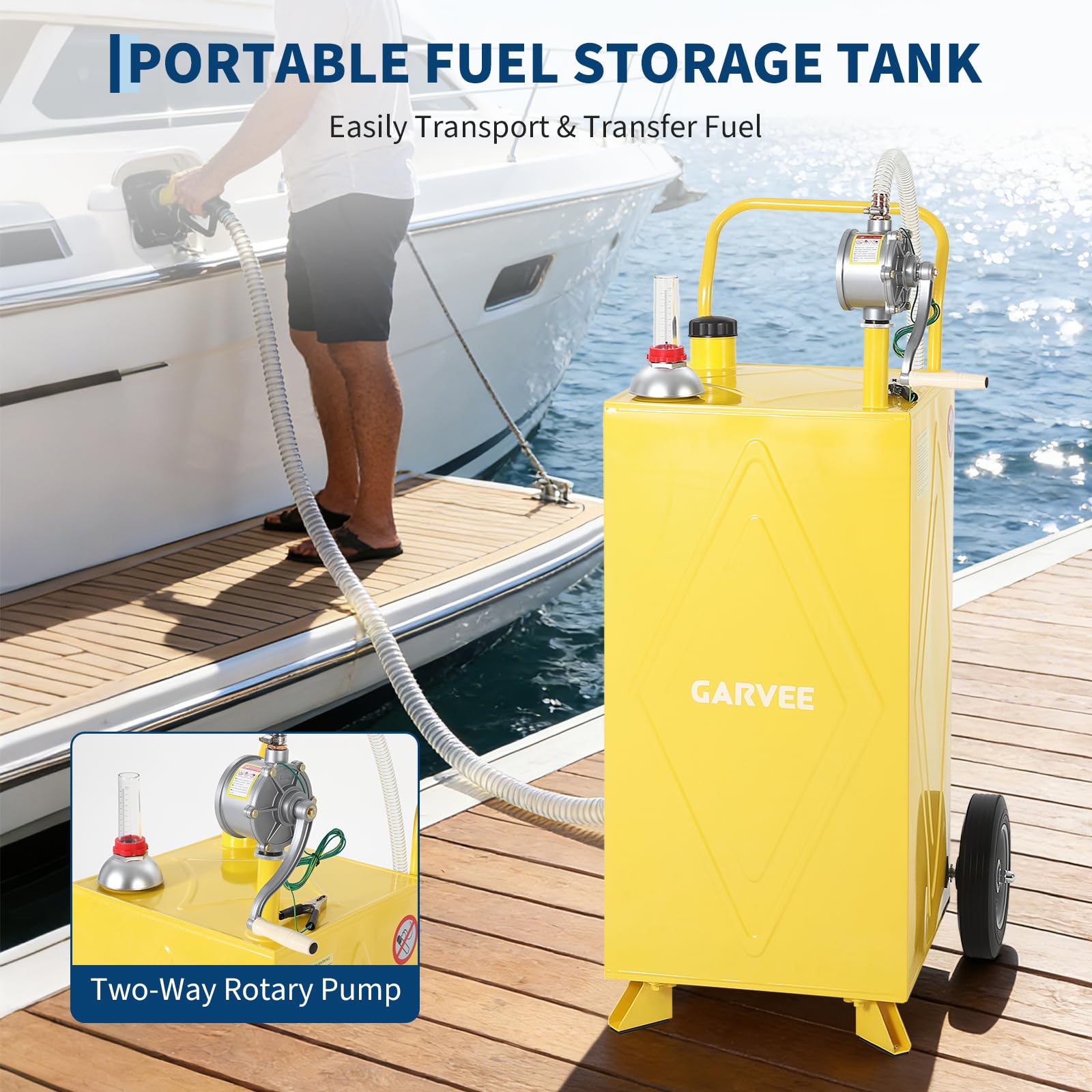Garvee 30 Gallon Fuel Gas Caddy Storage Tank Portable Gas Caddy With Wheels Reversible Manual Hand Pump Fuel Hose For ATV Car Mower Tractor Boat
