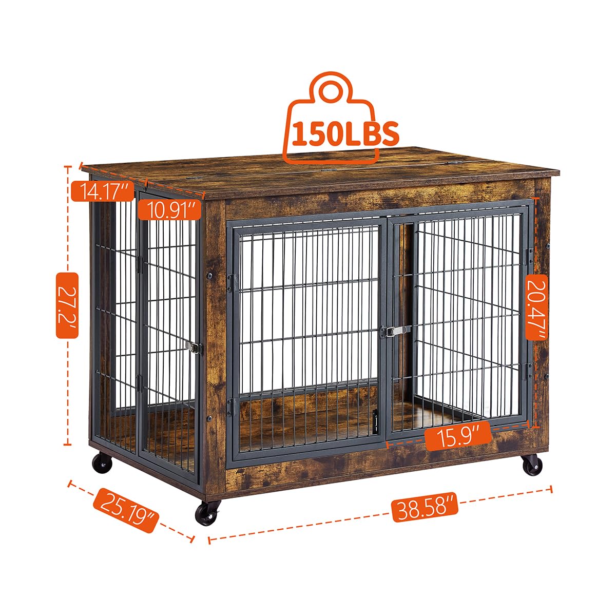 Garvee Dog Crate Furniture Dog Kennel Double Doors Medium Large Dog 38.58" W x 25.2" D x 27.17" H Rustic Brown