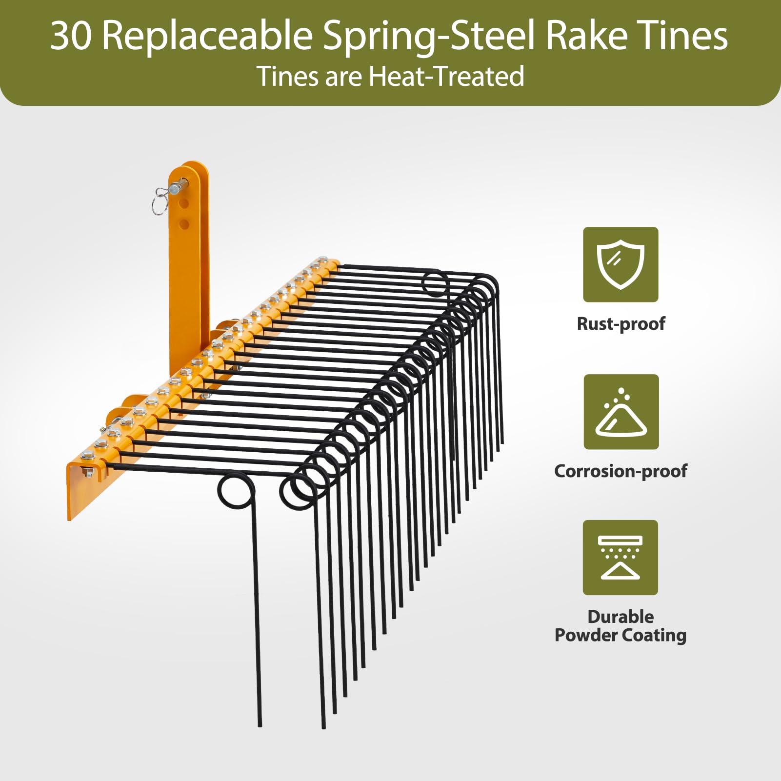 Garvee 72 Inch Pine Straw Rake - 30pcs 8mm Coil Spring Tines Durable Powder Coated Steel Tow Behind Landscape Rake with 3 Point Hitch Receiver Attachment Fit to Cat0 Cat 1 Tractors for Leaves Grass, Yellow