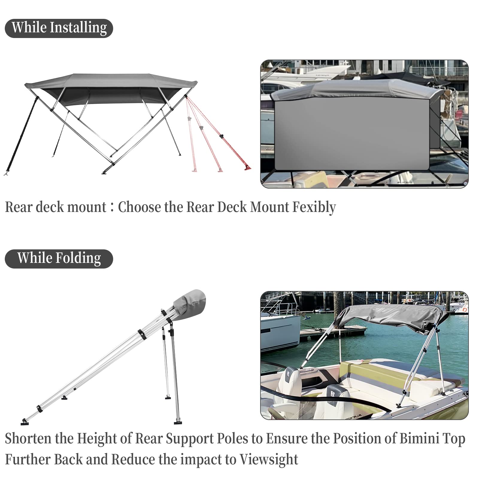 Garvee 4 Bow Bimini Top Boat Cover, 8' L x 54" H x 85"-90" W Boat Canopy with 1 Inch Aluminum Alloy Frame, Include 2 Straps, 2 Adjustable Rear Support Pole, Zippered Storage Boot, PU Coating Canvas