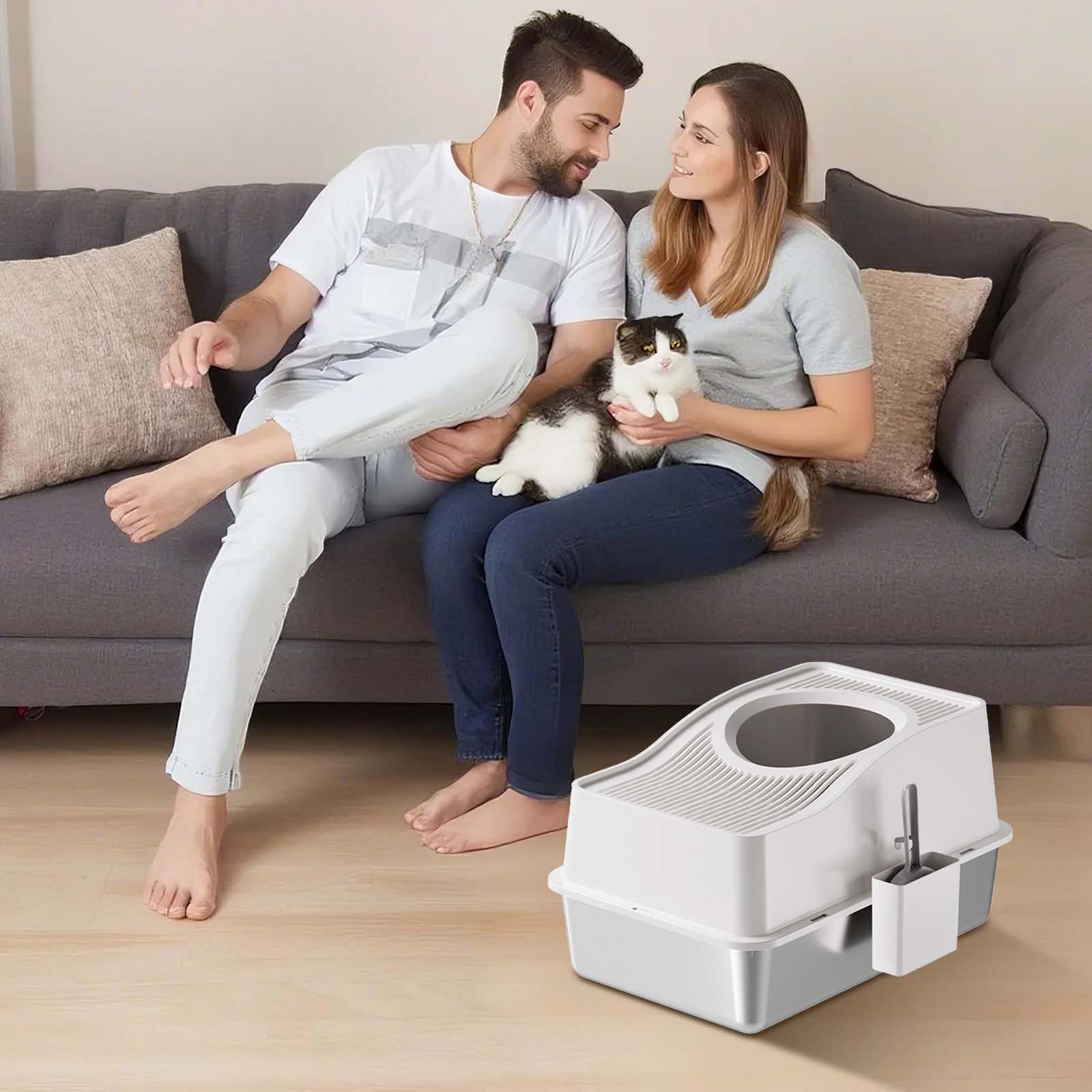 Garvee Stainless Steel Cat Litter Box Fully Enclosed Top-Entry Large Cat Toilet White 60x40x39.5cm