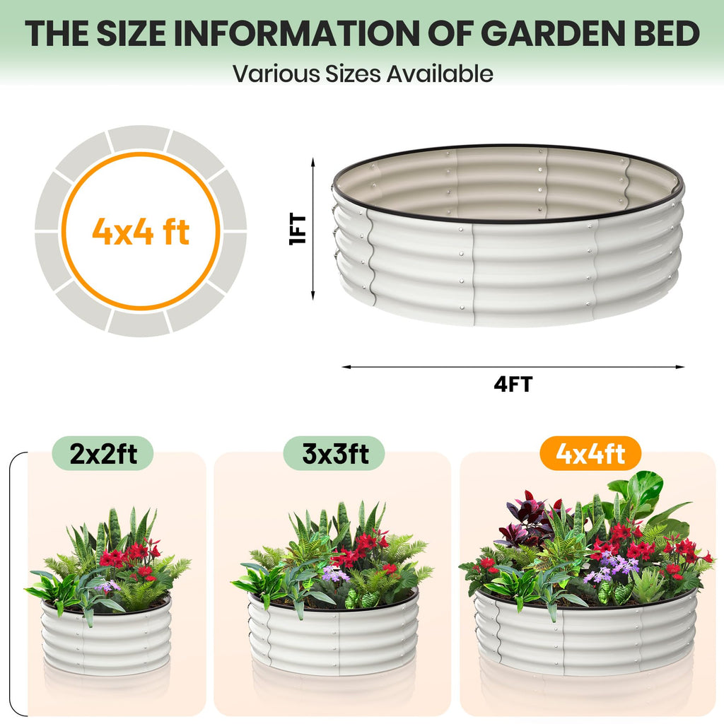 Garvee 2-Pack 4'x4'x1' Round Galvanized Raised Garden Beds - Heavy-Duty, Open Bottom Design Planters for Outdoor Flowers & Vegetables, White