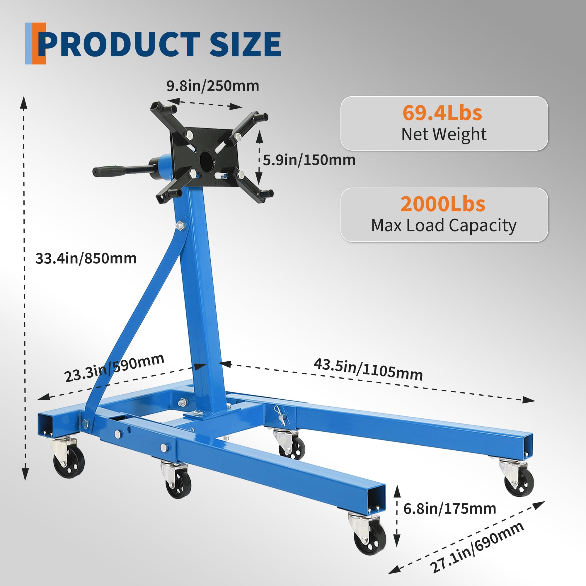 Garvee Engine Stand 2000 LBS Rotating Motor Stand with 360° Rotating Head, Adjustable Arms, Casters for Vehicle Maintenance, Durable Steel, Black