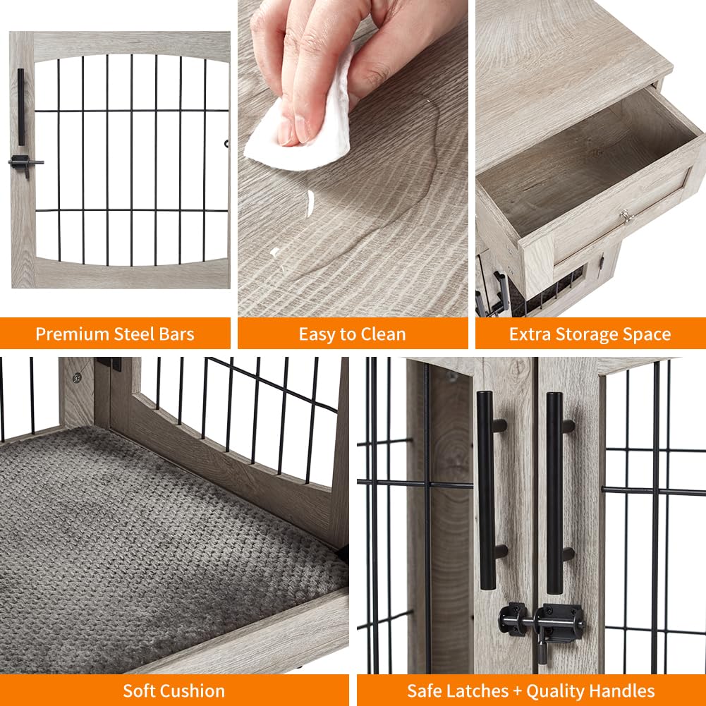 Garvee Dog Crate Furniture with Cushion,Wooden Dog Crate Table with 2 Drawers, 3-Doors Dog Furniture, Indoor Dog Kennel House Side End Table, Grey