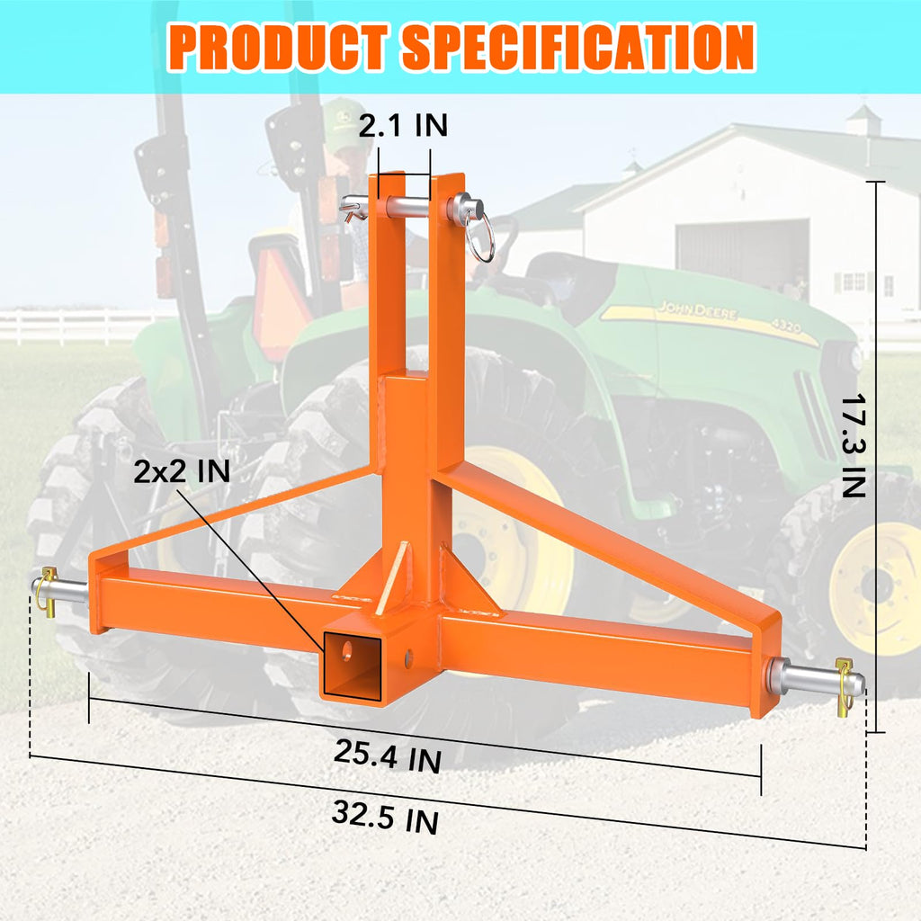 Garvee 3 Point 2" Trailer Hitch Receiver Heavy-Duty for Category 1 Tractors Compatible with Kubota BX LM25H WLM Tractor NorTrac Yanmar Kioti Cat 3 Point 2"-Orange