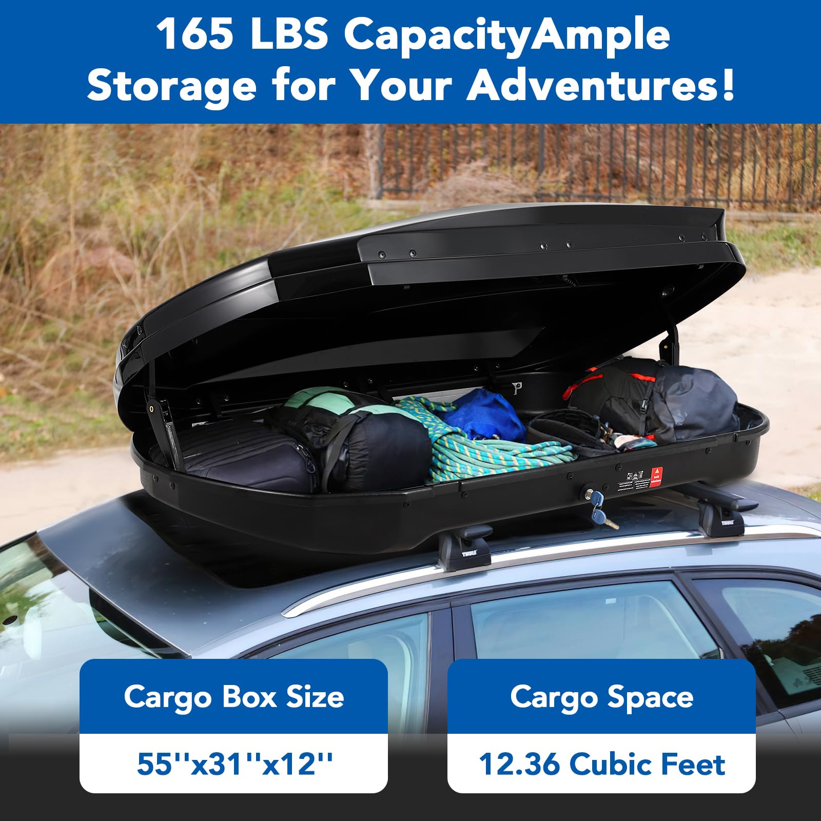 Garvee 55 Inch Rooftop Cargo Box Carrier, Hard Shell Roof Rack, 12.4 Cubic Ft, Waterproof, Dual Side Opening, Black