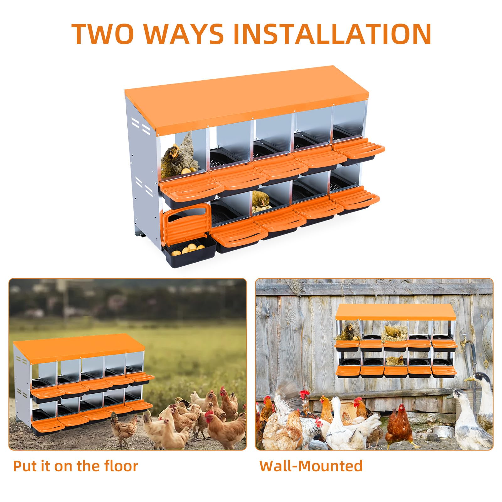 Garvee Chicken Nesting Box 10-Hole Roll Away Egg Laying Box with Lid Heavy-Duty Galvanized Steel Rustproof Design Wall-Mountable Orange