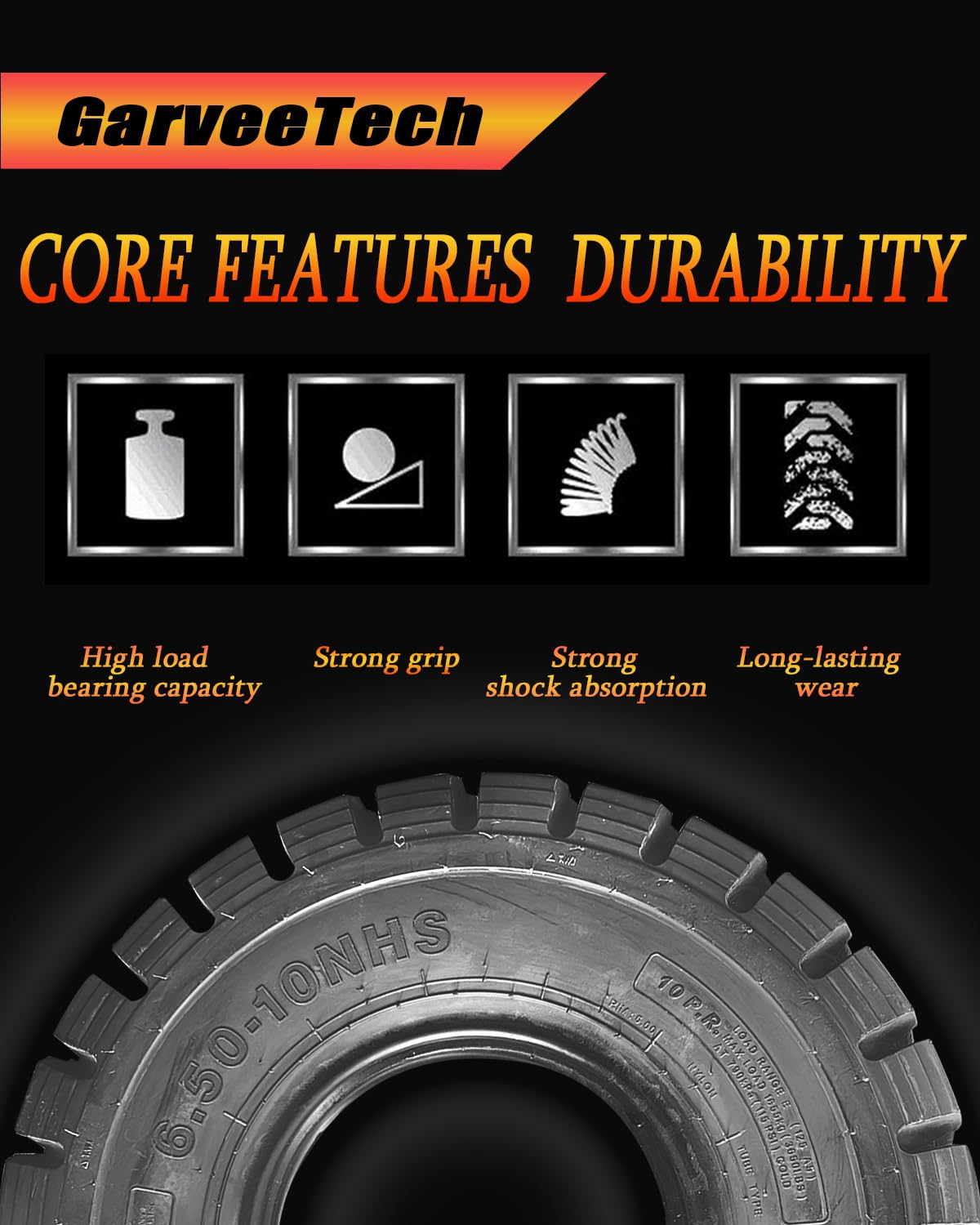 Garvee 6.50-10 Heavy Duty Forklift Tire 10 PLY Tube Type Durable Industrial Black