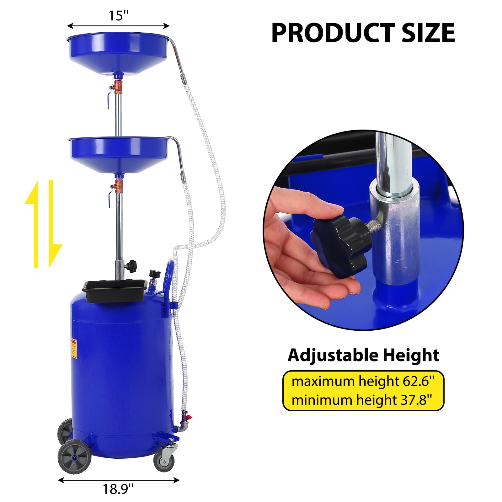 Garvee 20 Gallon Waste Oil Drain Tank - Portable Air-Operated Oil Drainer with 15'' Premium Bowl, Adjustable Funnel Height, Wheels, and Toolbox for Fluid Fuel Transfer and Drainage, Blue