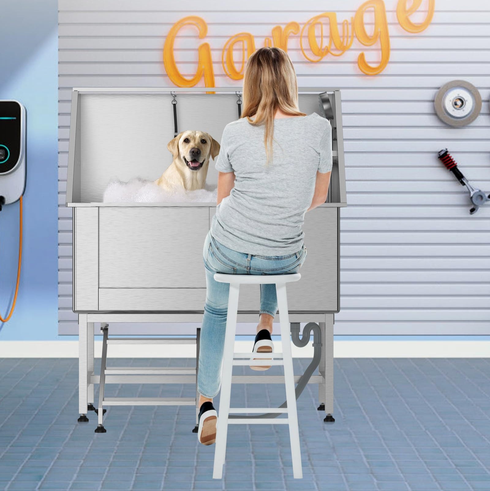 Garvee 50" Dog Grooming Bathtub, Professional Stainless Steel Pet Dog Bathing Station for Large Pets, Left Door & Stairs with Faucet, Sprayer, Drain