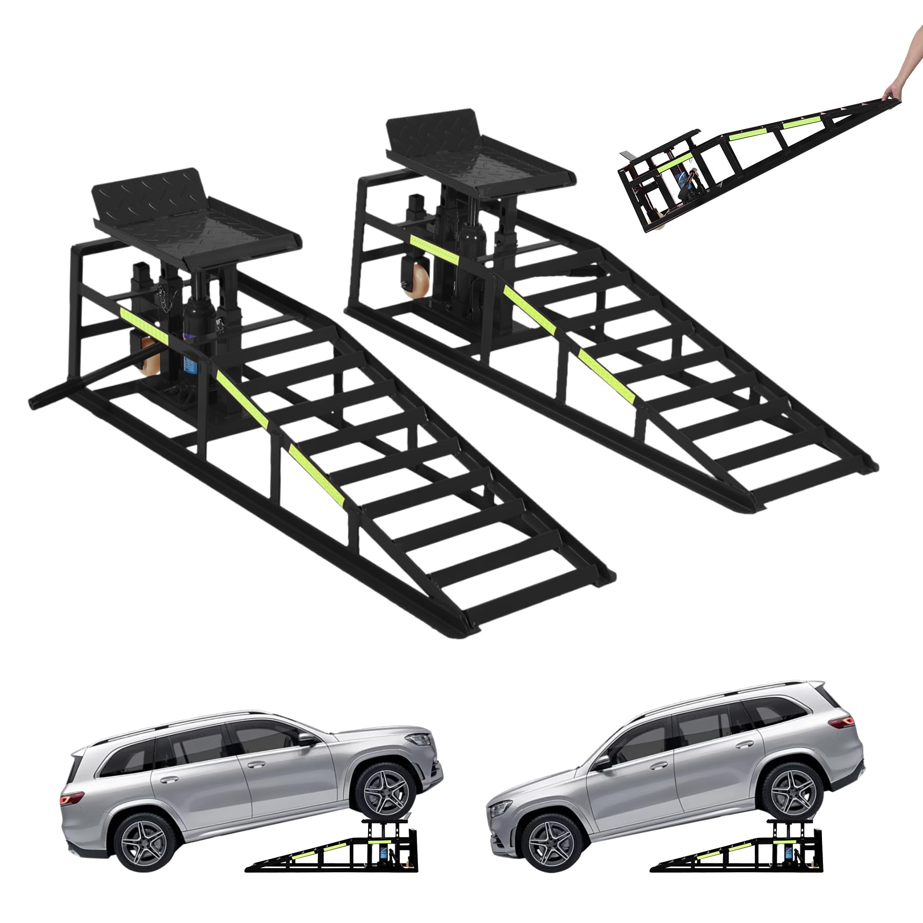 Garvee 2-Pack Hydraulic Car Ramps with Wheels and Reflective Stickers, 5-Ton (11023 lbs) Capacity Ramps with Jacks for Home Garage Auto Repairs and Oil Changes, Blue