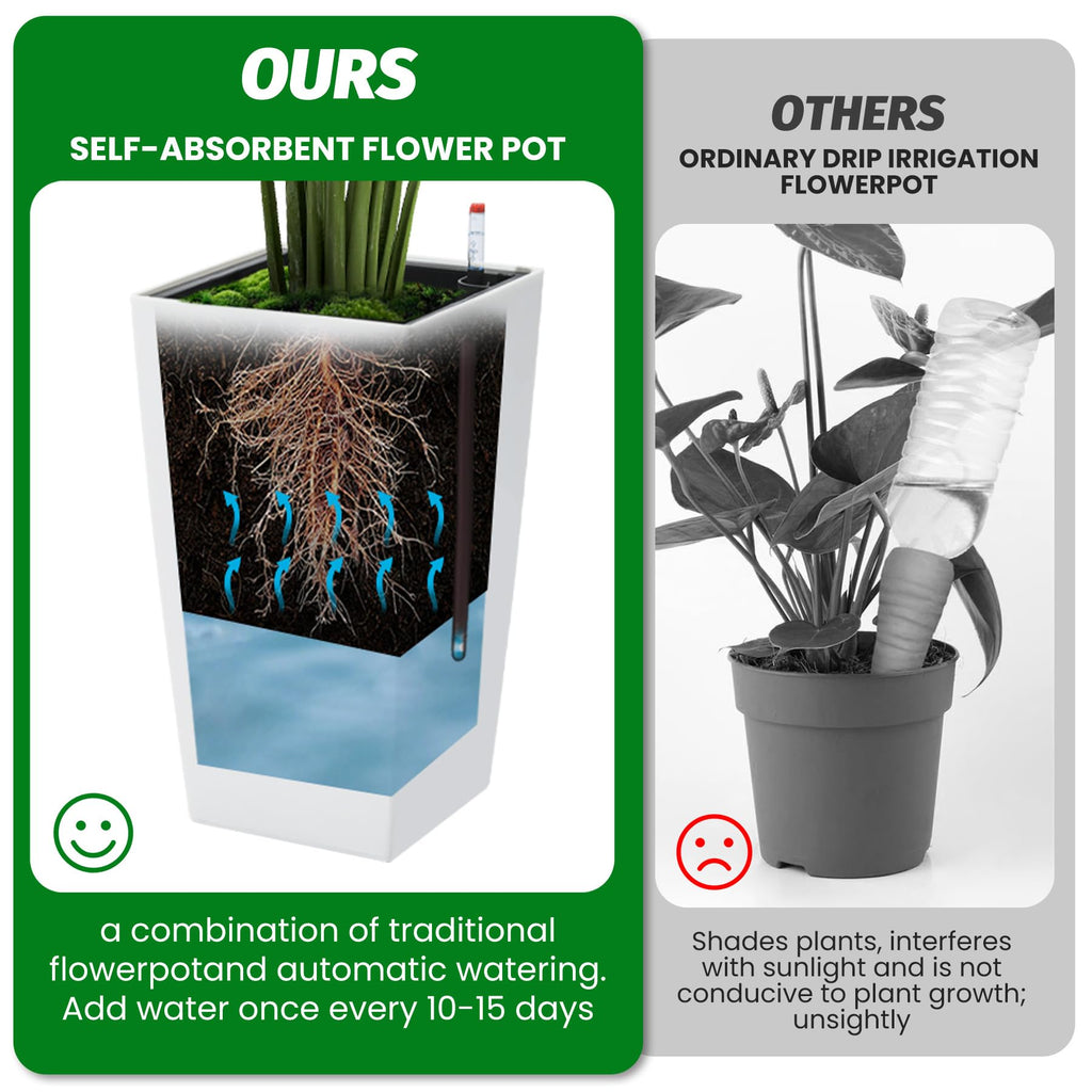 Garvee 16 Inch Tall Rectangular Planters Set of 2 Large Modern Plant Pots with Drainage Holes＆Water Level Monitor＆Wheels Outdoor and Indoor for Patio, Porch, Living Room, or Home Office, White