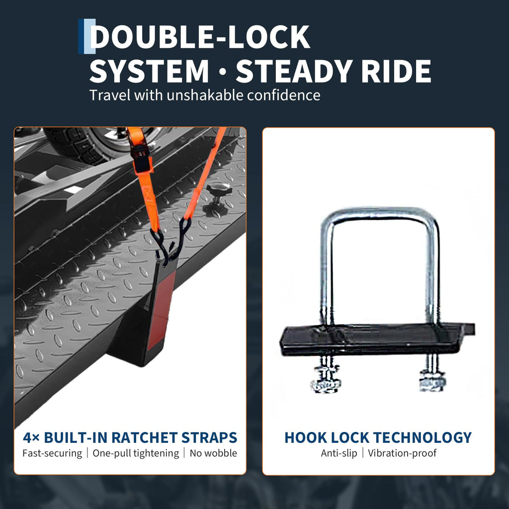 Garvee Motorcycle Rack Advanced Hitch Carrier Black Steel Dual-Sport Rack System 600lb Capacity with Extended Loading Ramp Universal Truck and SUV Mounting Hardware Included