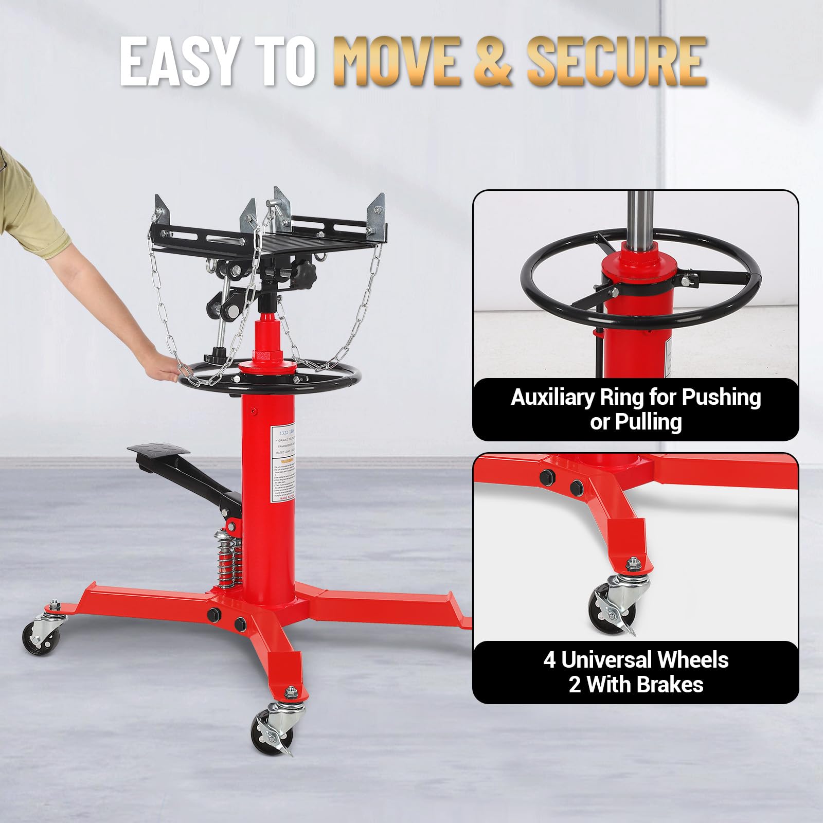 Garvee Dual Plunger Hydraulic Transmission Jack 1322lbs Capacity Red, 33.5"-69" Adjustable Lift, 2-Stage Telescoping, Non-Slip Pad, Foot Pedal & Swivel Wheel