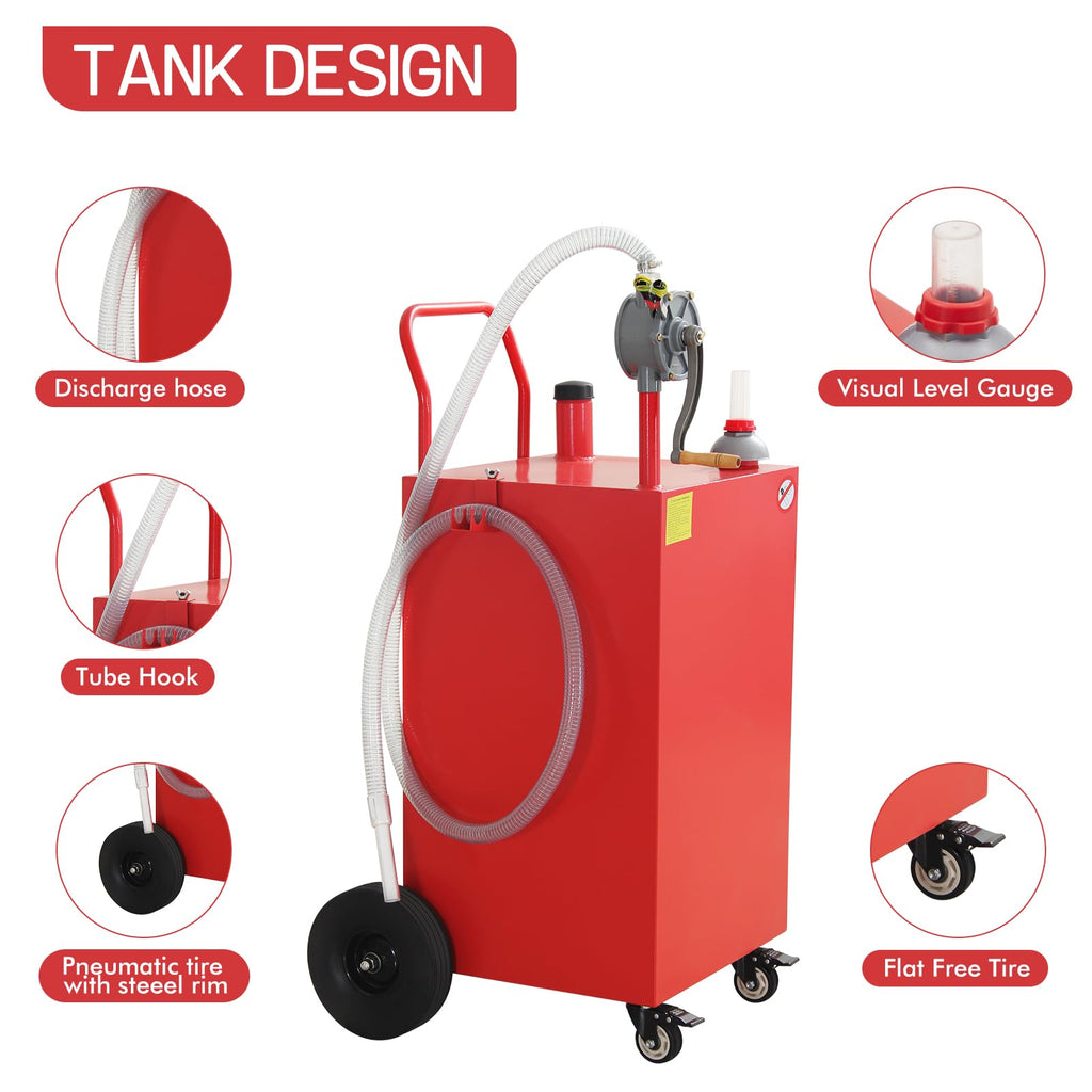 Garvee 50 Gallon Portable Gas Caddy Gasoline Diesel Can Hand Siphon Pump With Rolling Flat-Free Solid Rubber Wheels for Boat, Atv, Car, Motorcycle