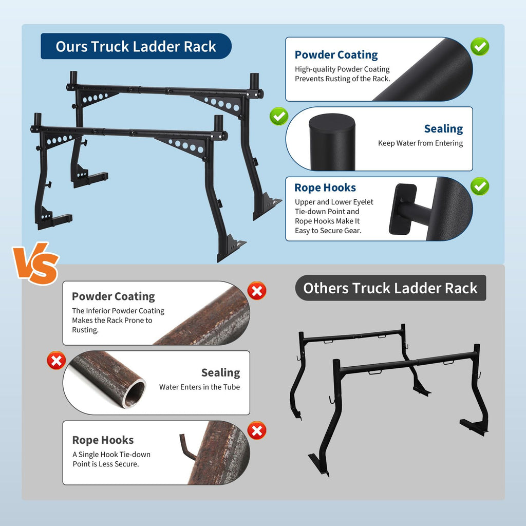 Garvee 48-72 Inch Extendable Truck Ladder Rack Adjustable Steel Bed Rack Heavy Duty No-Drill Utility System for Pickup Trucks Black