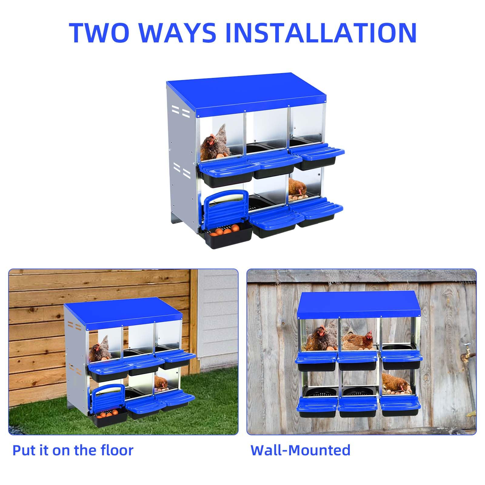 Garvee Chicken Nesting Box 6-Hole Roll Away Egg Laying Box with Lid Heavy-Duty Galvanized Steel Rustproof Design Wall-Mountable Blue