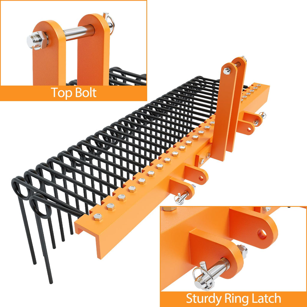 Garvee 72 Inch 6FT Pine Straw Needle Rake, 8mm 30pcs Coil Spring Tines, 3 Point Straw Rake, Durable Powder Coated Steel Spring Landscape Rake Fit for Cat1 Tractors - Orange+Black