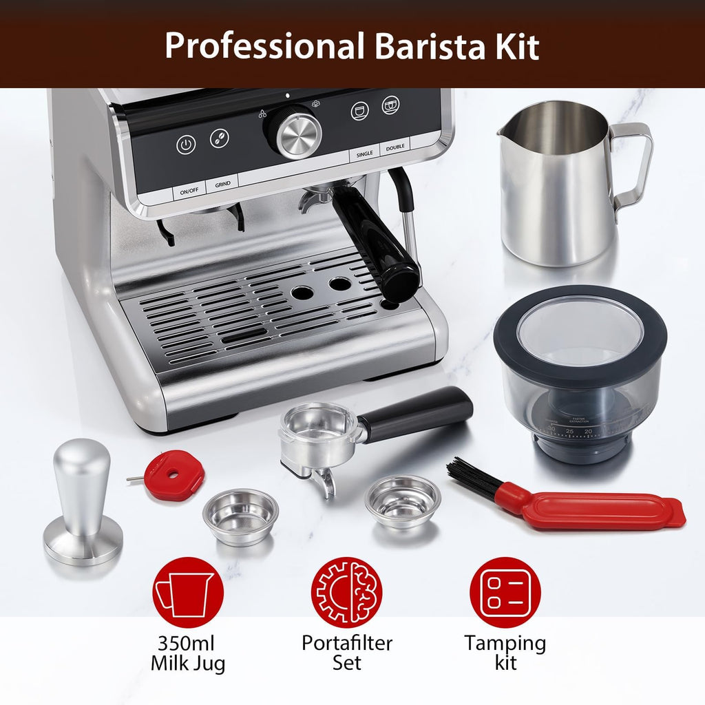 Garvee Espresso Coffee Machine with Grinder, 20 Bar Semi-Automatic Espresso Maker with Milk Frother Steamer Wand for Cappuccino, Latte, Macchiato, 2.8 L Water Tank, PID Temperature Control,Bright Silver