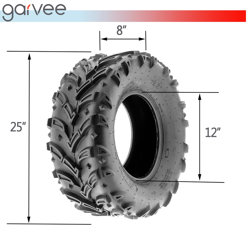 Garvee 6PR ATV UTV Tires Set of 4 All Terrain 25x8-12 Front 25x10-12 Rear Black