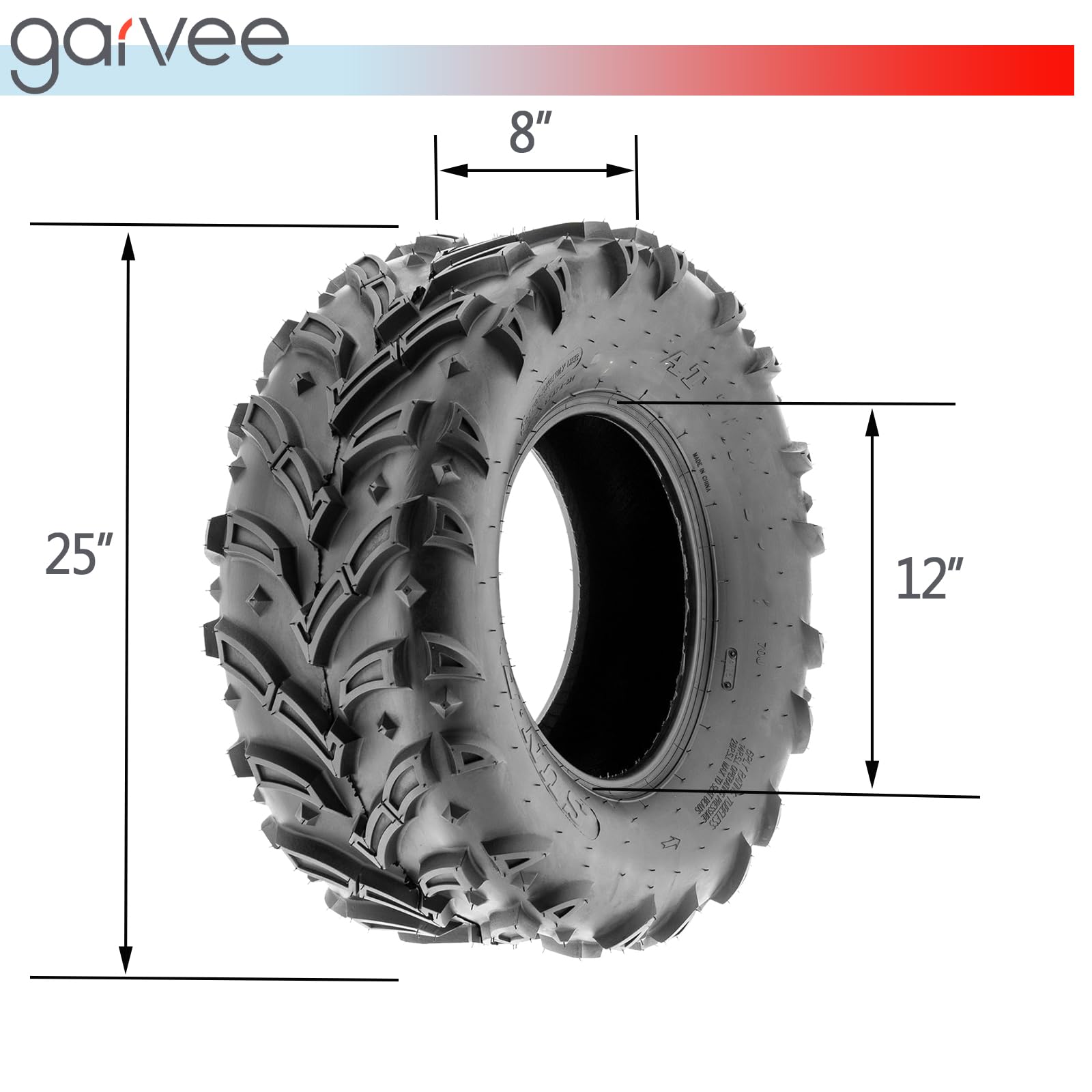 Garvee 6PR ATV UTV Tires Set of 4 All Terrain 25x8-12 Front 25x10-12 Rear Black