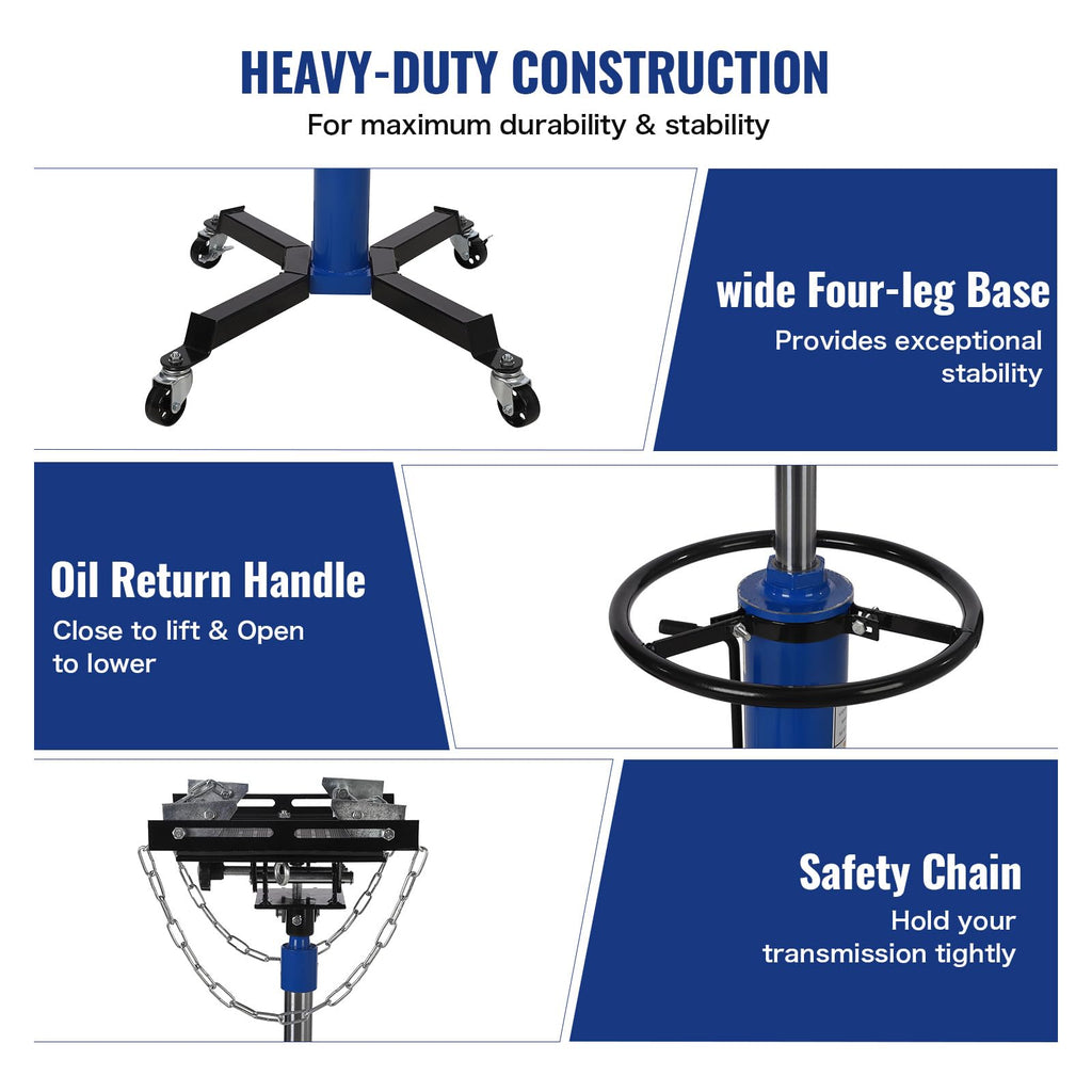 Garvee Transmission Jack, 1/2 Ton/1100 lbs Capacity 2 Stage Adjustable Hydraulic Telescopic Transmission Jack with Foot Pedal, 33.5"-69" High Lift and 360° Swivel Wheel, Garage/Shop Lift Hoist, Blue