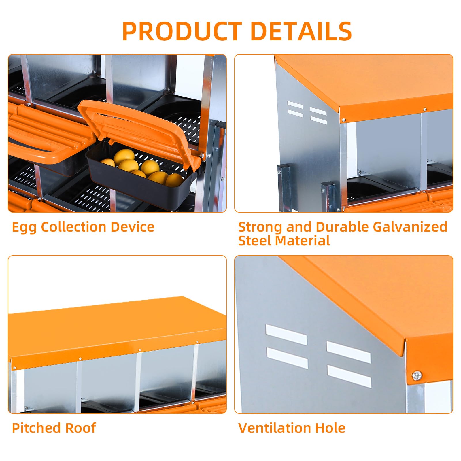 Garvee Chicken Nesting Box 10-Hole Roll Away Egg Laying Box with Lid Heavy-Duty Galvanized Steel Rustproof Design Wall-Mountable Orange