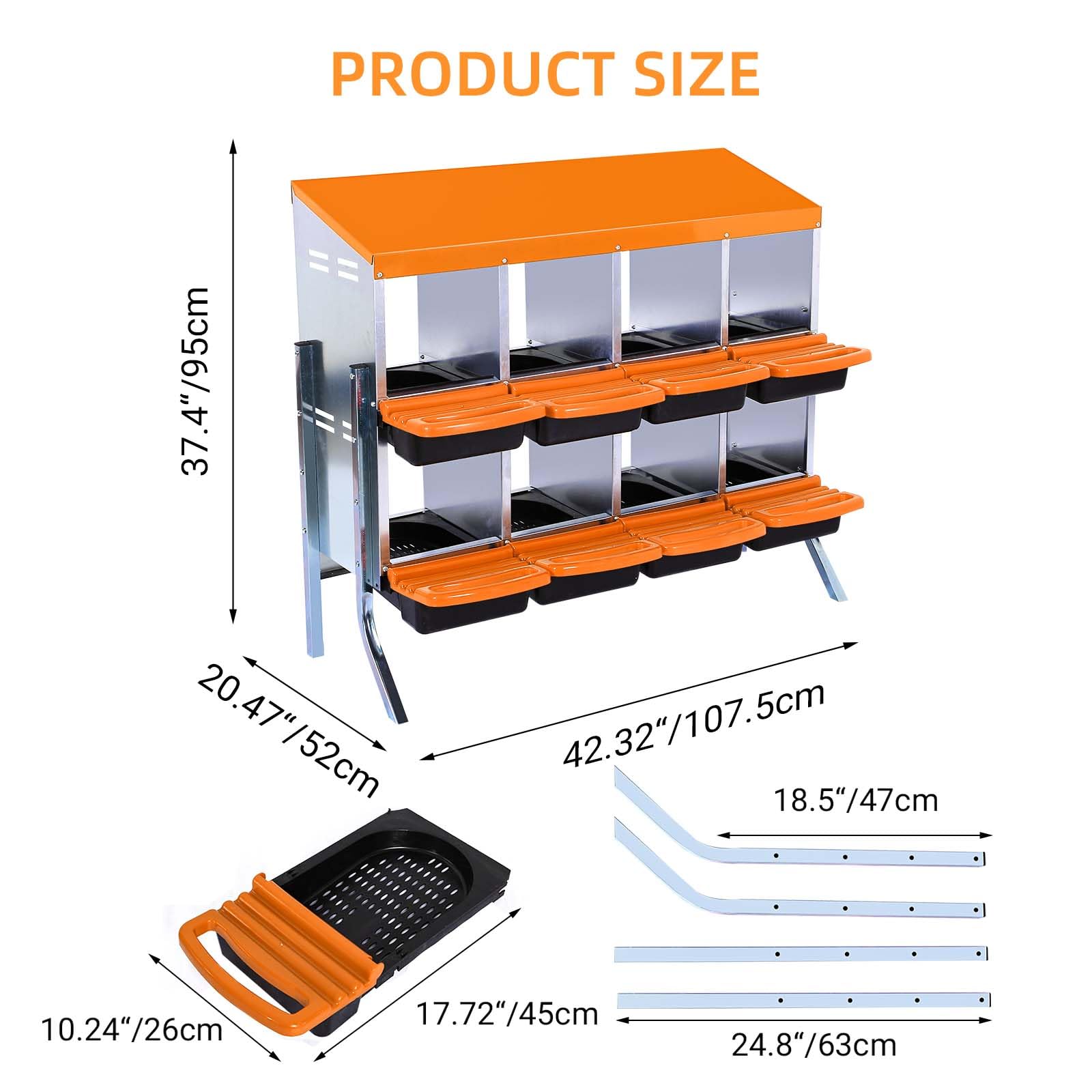 Garvee Chicken Nesting Box 8-Hole Roll Away Egg Laying Box with Lid, Heavy-Duty Galvanized Steel, Orange, Easy Egg Collection & Cleaning