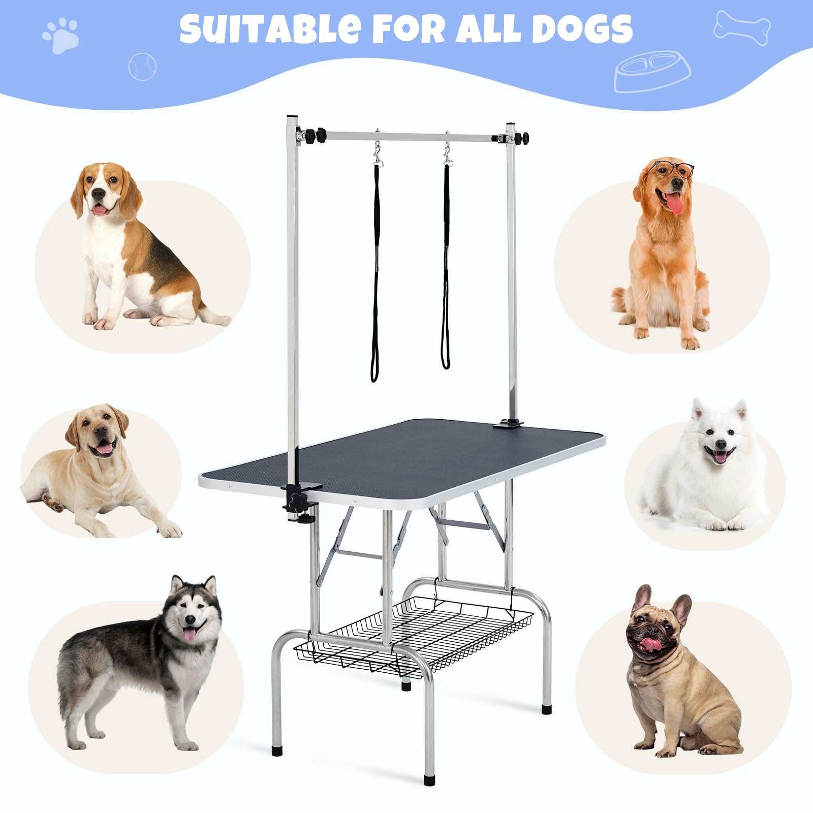 Garvee 48" Dog Grooming Table Adjustable Height Pet Drying Desktop Foldable Pet Grooming Table with Arms, Nooses, Mesh Tray, Foldable Pet Station Max Capacity Up to 330Lbs (Black)