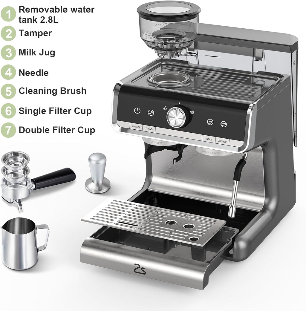 Garvee 1450W 120V 20 Bar Espresso Machine with Steam Wand, Fast Heat,Built-In Bean Grinder,for Home Barista, Gifts for Dad,Mom,Coffee Lover- Gray