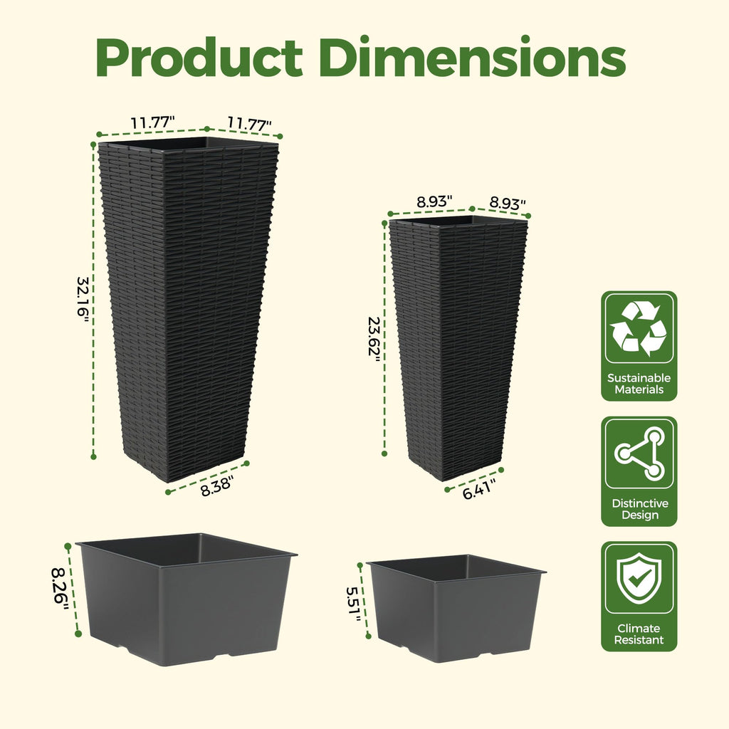 Garvee 2 Pack Large Planters for Indoor Plants, Outdoor Tall Planter with Drainage Holes, Plant Pots for Trees Flowers, All-Weather Use with Removable Insert Bucket (24inch, 32 inch, Black)