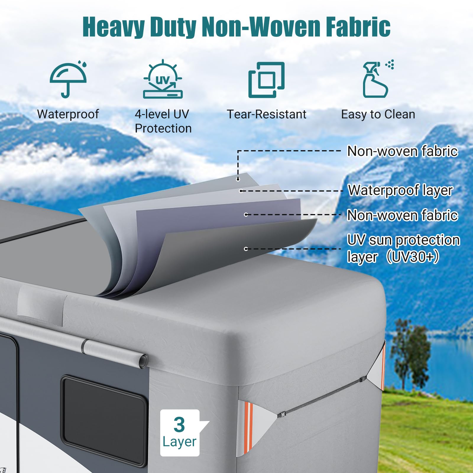 Garvee RV Cover, 22’-24’ Heavy Duty RV Travel Trailer Cover, Windproof Waterproof 4 Layers Non-Woven Fabrics Top Cover with Adhesive Repair Patches, Reflective Strips, Rich Accessories, Grey