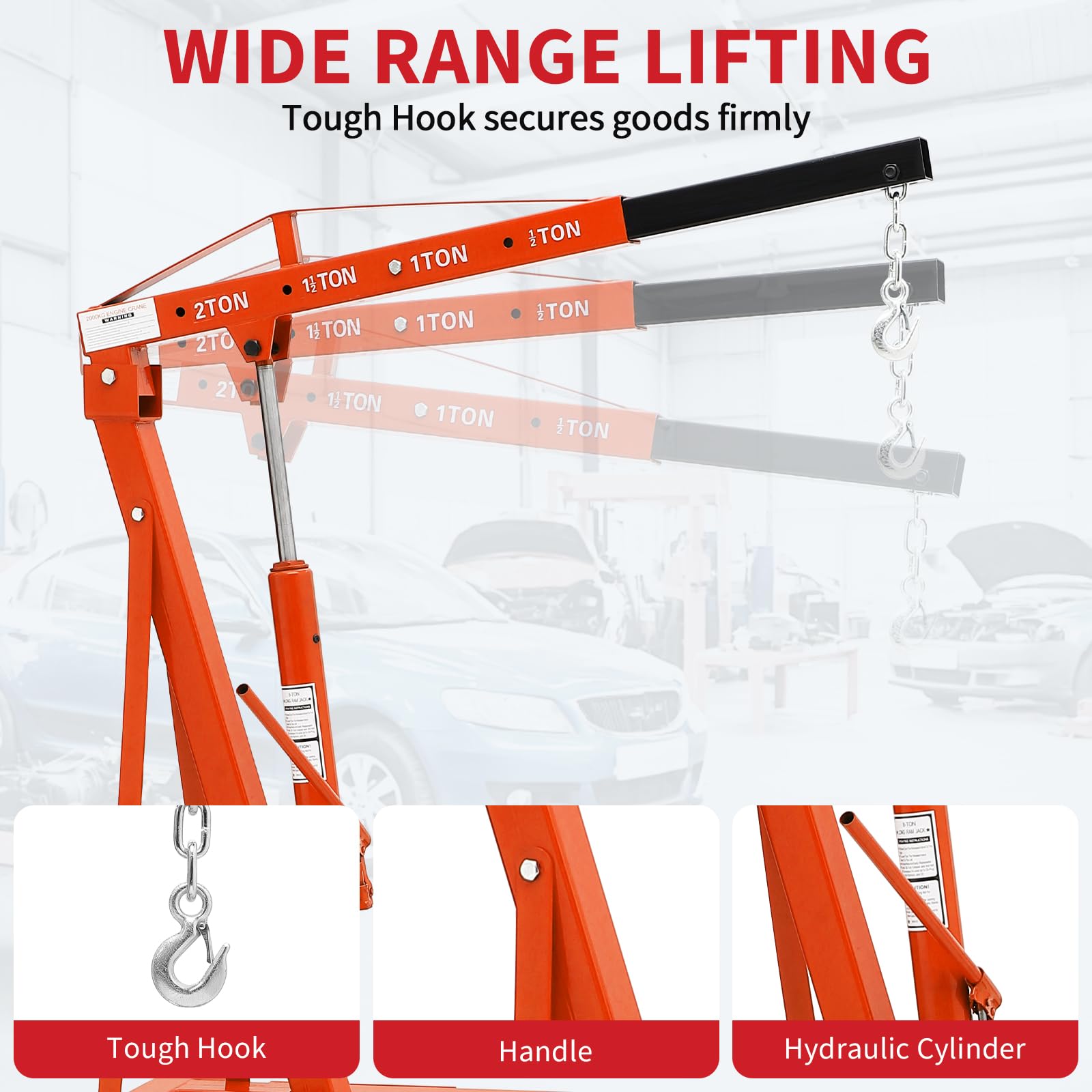 Garvee 2-Ton Folding Engine Hoist - Cherry Picker Hydraulic Shop Crane with 4400 lbs Capacity, Orange