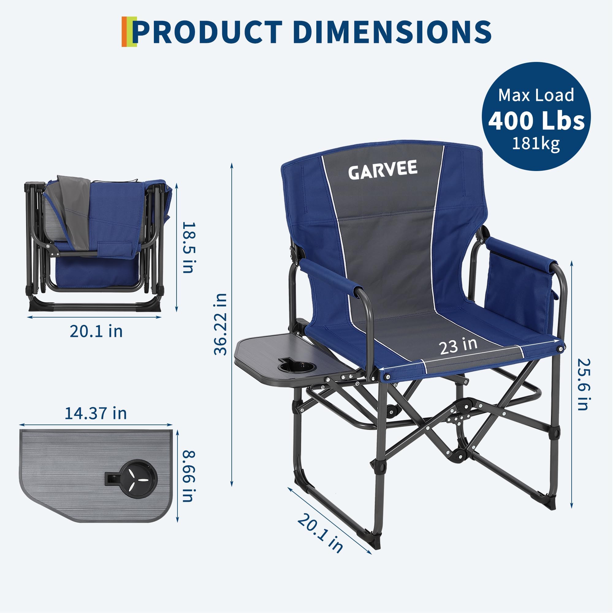 Garvee Oversized Camping Directors Chair Portable Folding Lawn Chair with Side Table for Outdoor Beach Fishing Picnic, Heavy Duty