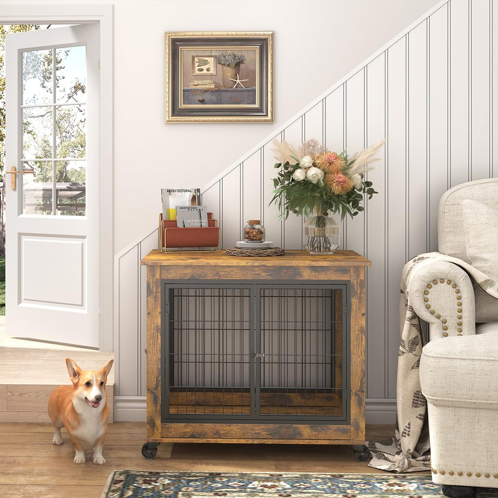 Garvee Dog Crate Furniture Dog Kennel Double Doors Medium Large Dog 38.58" W x 25.2" D x 27.17" H Rustic Brown