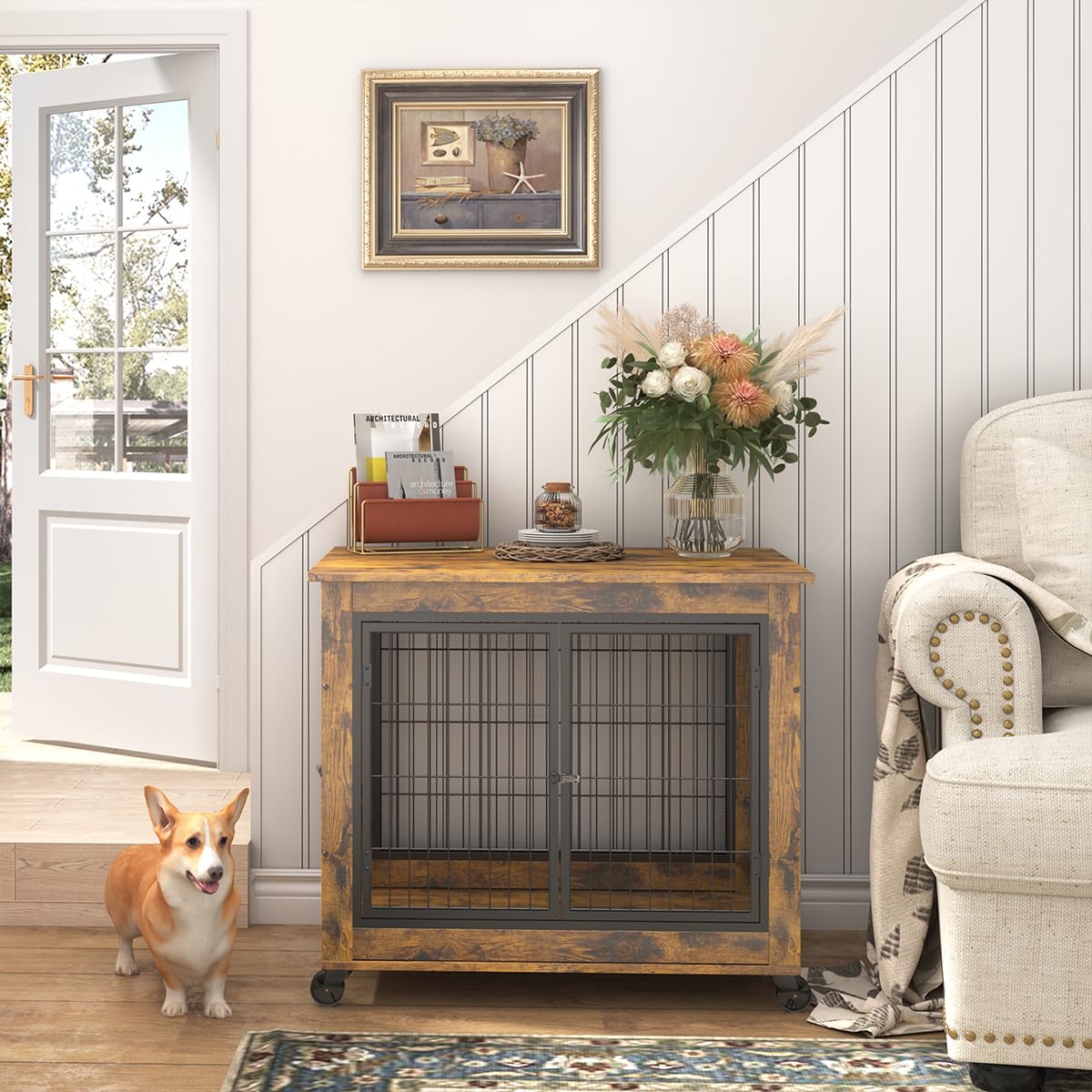 Garvee Dog Crate Furniture Dog Kennel Double Doors Medium Large Dog 38.58" W x 25.2" D x 27.17" H Rustic Brown