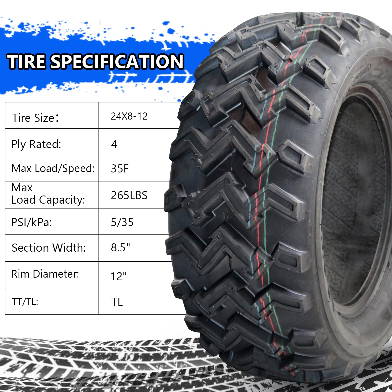 Garvee Set of 2 ATV UTV Tires 24X8-12, 4PR All Terrain 24x8x12 ATV UTV Off-Road Tires, Max Load 265 Lbs each Tire, Tubeless QD-115