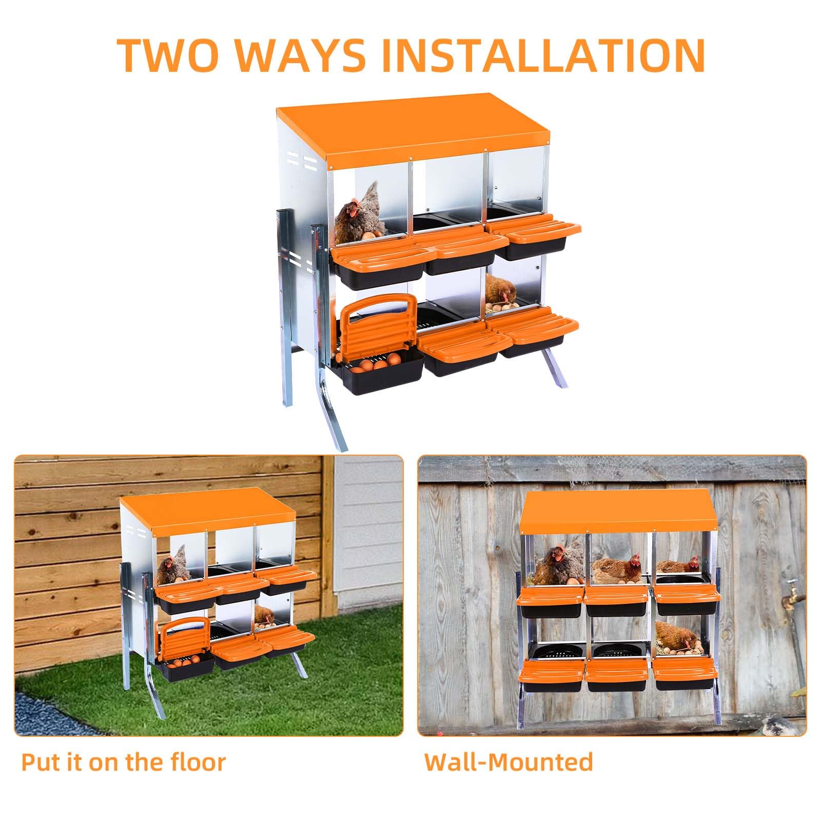 Garvee Chicken Nesting Box 6-Hole Roll Away Egg Laying Box with Lid, Heavy-Duty Galvanized Steel, Orange, Easy Egg Collection & Cleaning