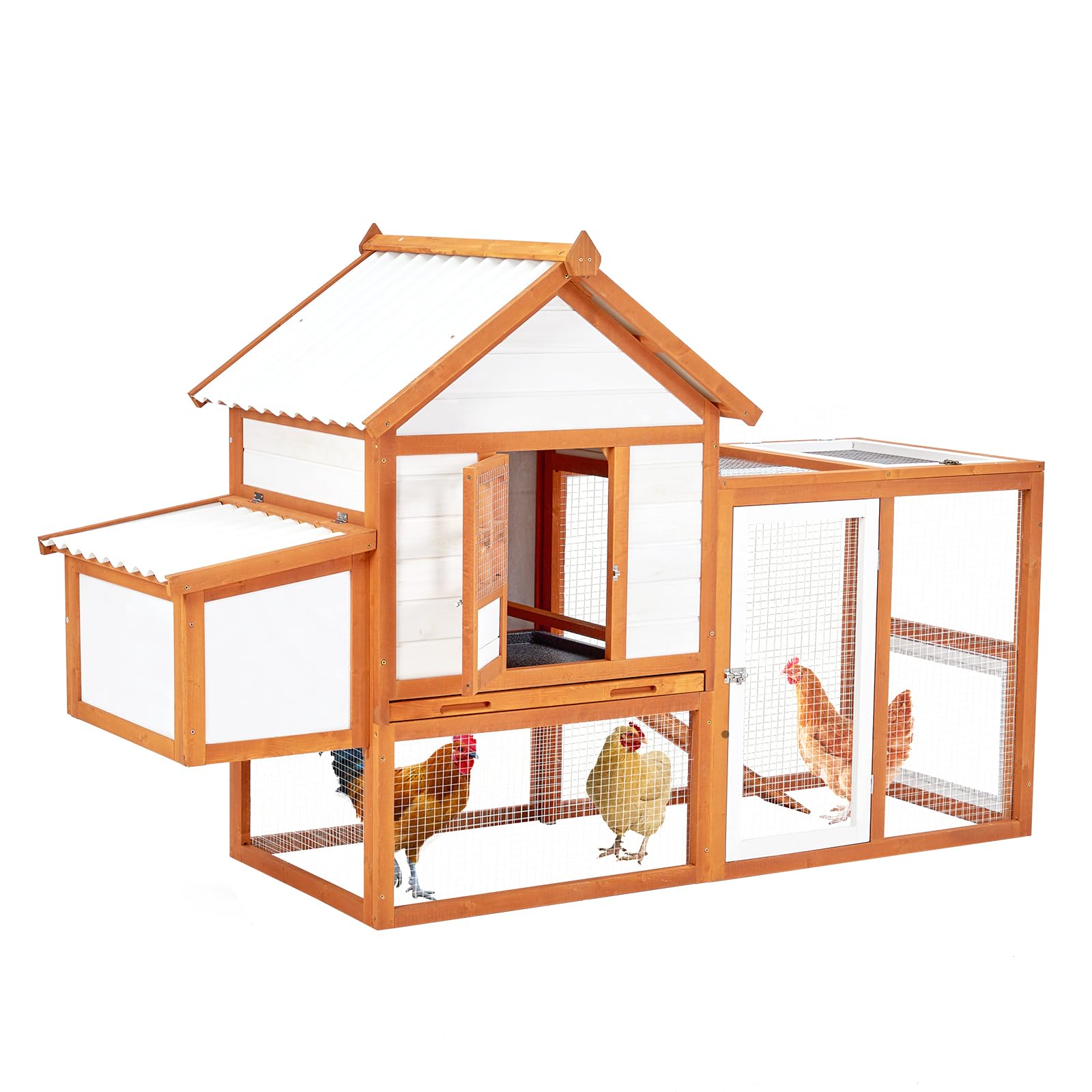 Garvee Outdoor Chicken Coop Wooden Hen House with Run, Poultry Cage w/Ramps, Nesting Box, 4 Access Areas, Wire Fence, Removable Bottom for Easy Cleaning
