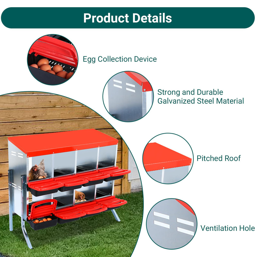 Garvee Nesting Boxes for Chickens, 8 Compartment Roll Away Nesting Box with Egg Collection, Perch, Lid Cover for Egg Protection, Wall Mount/Free Standing Nest Box for Chickens